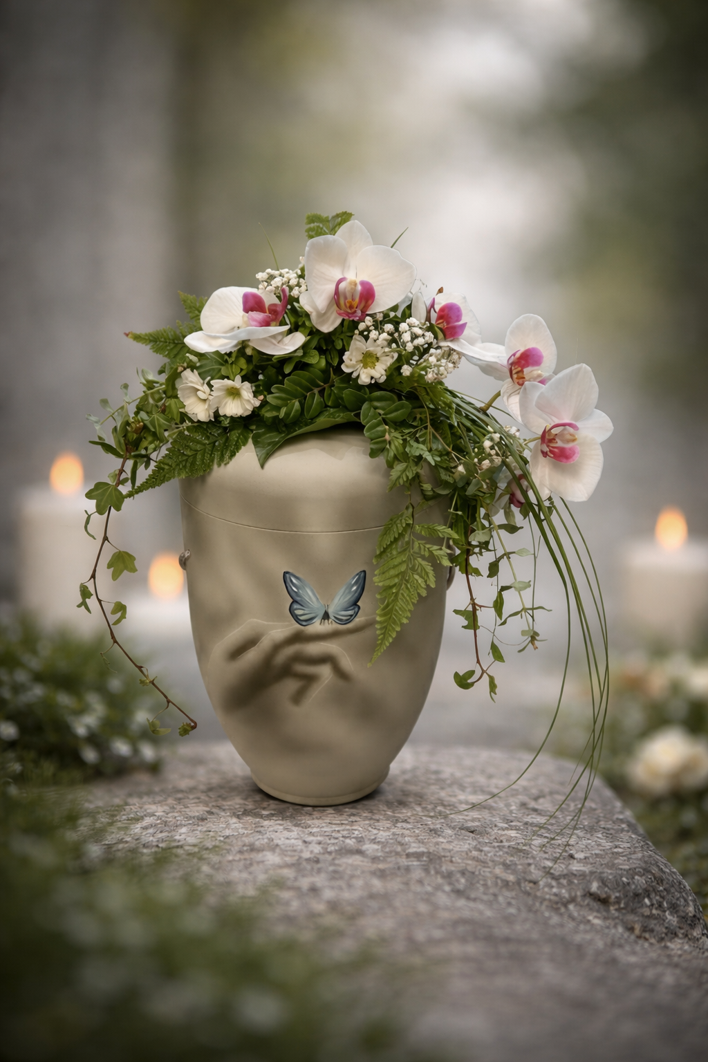 Urnen Kopf Gesteck mit weißen Orchideen