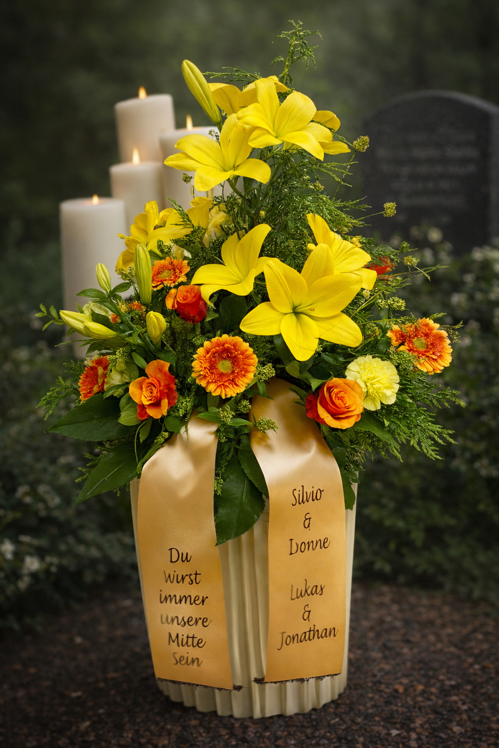 Gelbes Grabgesteck auf dem Friedhof