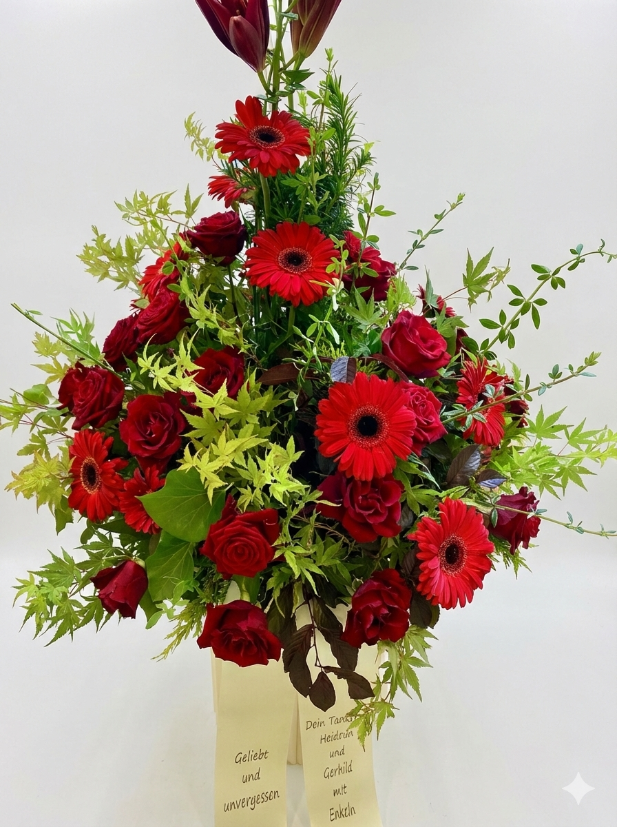 Trauergesteck in die Höhe gesteckt in rot