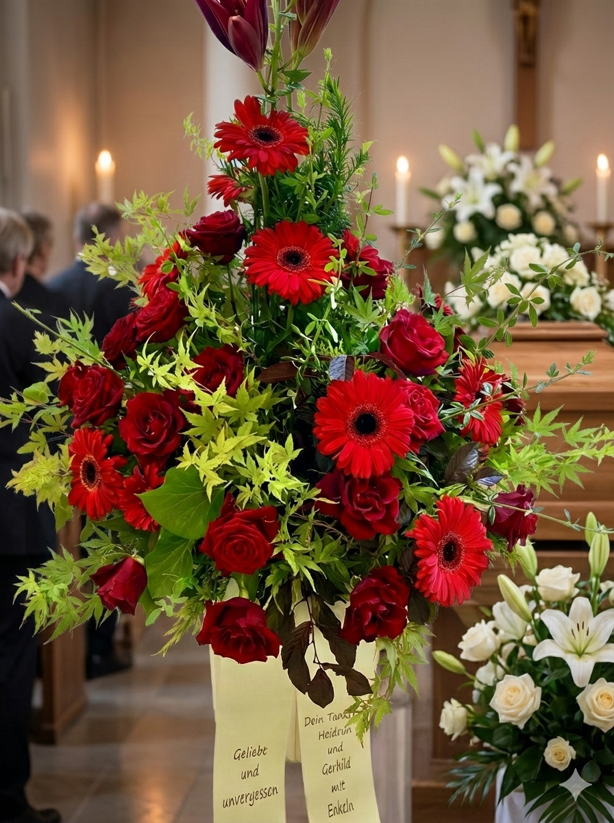 Trauergesteck mit roten Blumen wie Rosen und Gerbera
